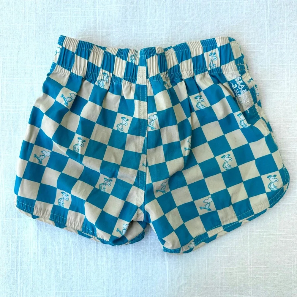 Seaesta Surf Peanuts Snoopy Skateboard Checkered Board Shorts Teal Cream Kids 3T